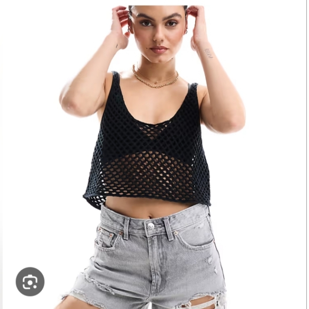 DKNYC, Black, Open Stitched Crop Top, Size Medium